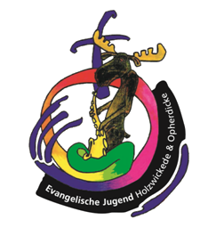 Logo der Ev. Jugend Holzwickede und OpherdickeElch spielt Saxofon in buntem Kreis mit Kreuz